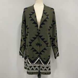 FRYE L Womens Green Cozy Aztec Southwest Tribal Western Long Sweater Cardigan
